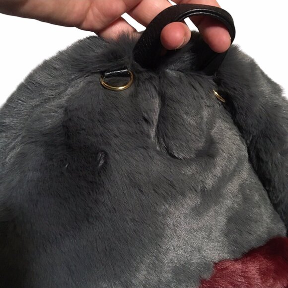 Faux Fur Backpack Gray Burgundy Travel School Vacation Academia Fuzzy - Picture 8 of 13